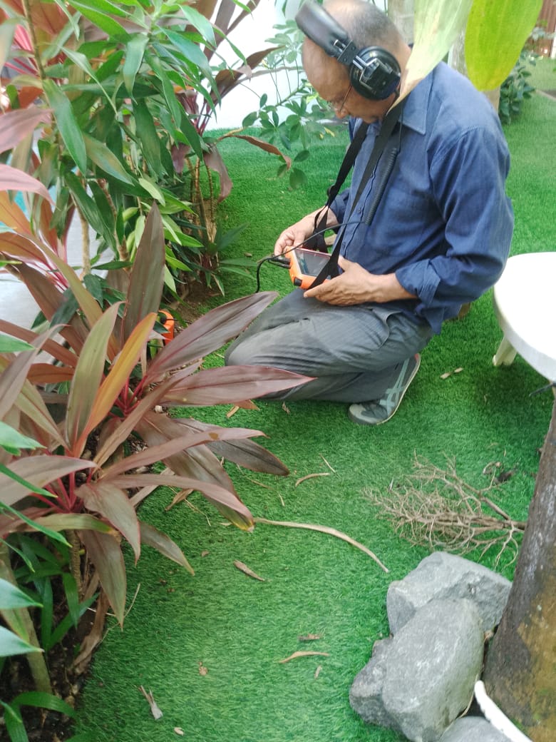 Detección de fuga de agua en jardín junto a piscina en Costa Rica