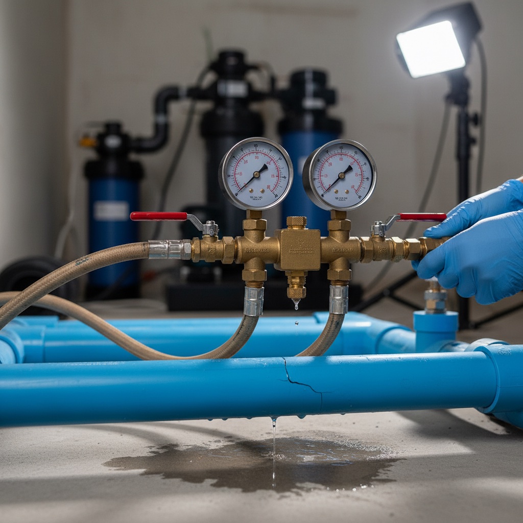 Prueba de presión con manómetros para detectar fuga de agua en piscina