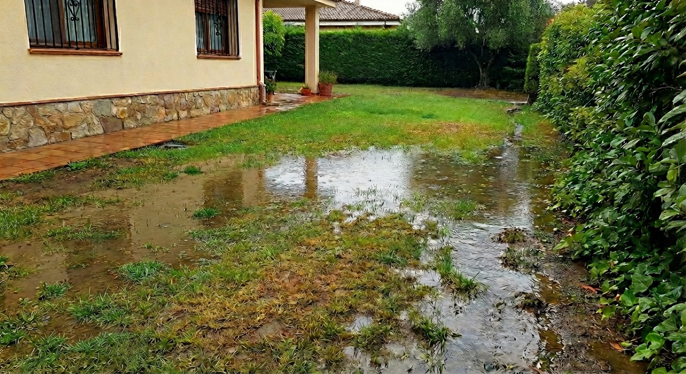Zona verde encharcada con posible fuga de agua en tubería enterrada